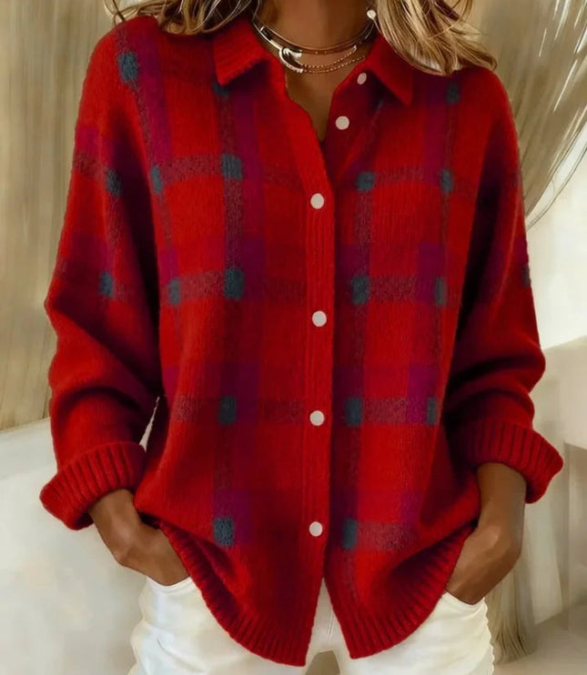 Women's Plaid Knit Button-Up Oversized Jacket Cardigan - Red