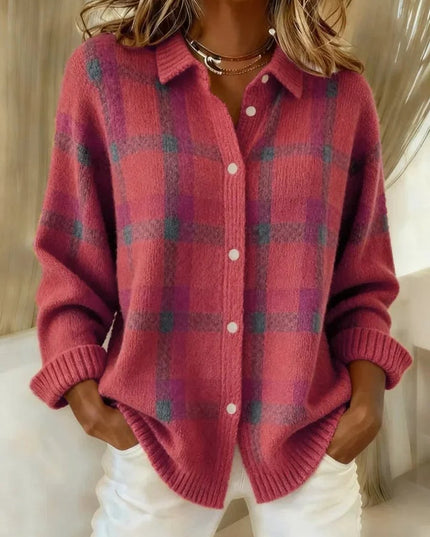 Women's Plaid Knit Button-Up Oversized Jacket Cardigan - Pink