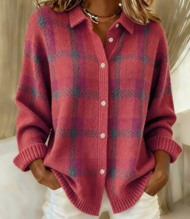 Women's Plaid Knit Button-Up Oversized Jacket Cardigan - Pink