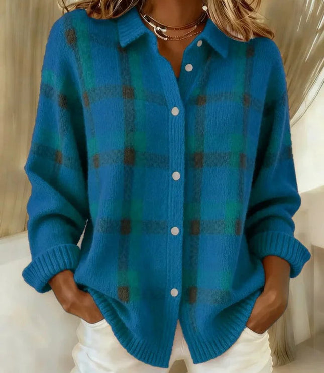 Women's Plaid Knit Button-Up Oversized Jacket Cardigan - Blue