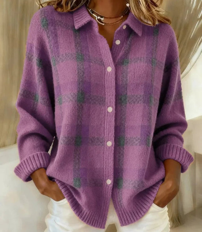 Women's Plaid Knit Button-Up Oversized Jacket Cardigan - Purple