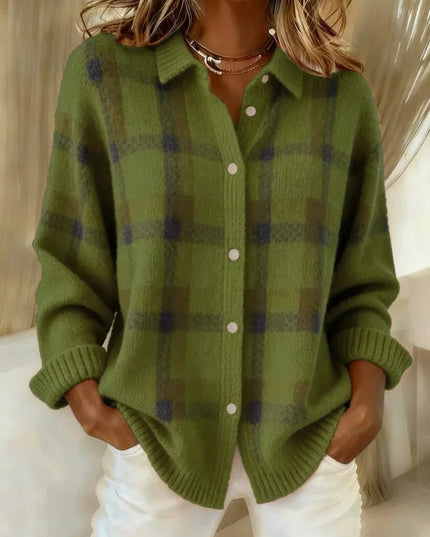 Women's Plaid Knit Button-Up Oversized Jacket Cardigan - Green