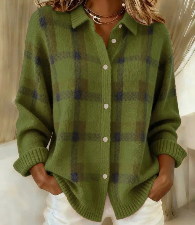 Women's Plaid Knit Button-Up Oversized Jacket Cardigan - Green