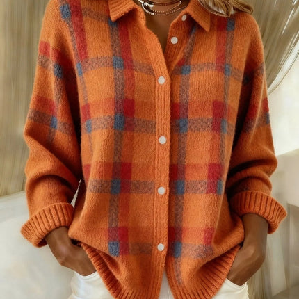 Women's Plaid Knit Button-Up Oversized Jacket Cardigan - Orange