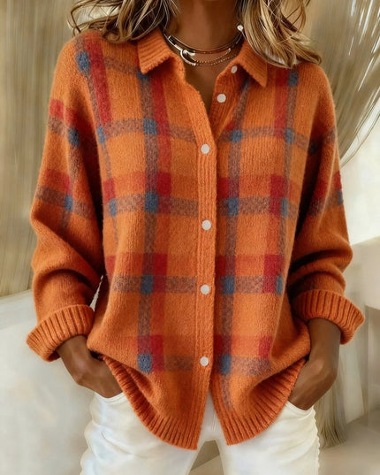 Women's Plaid Knit Button-Up Oversized Jacket Cardigan - Orange