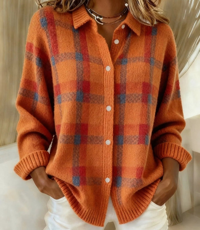 Women's Plaid Knit Button-Up Oversized Jacket Cardigan - Orange