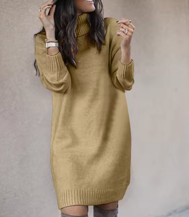 Women's Plain Knitted Roll Neck Jumper Dress