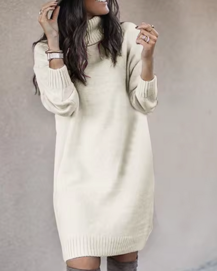 Women's Plain Knitted Roll Neck Jumper Dress