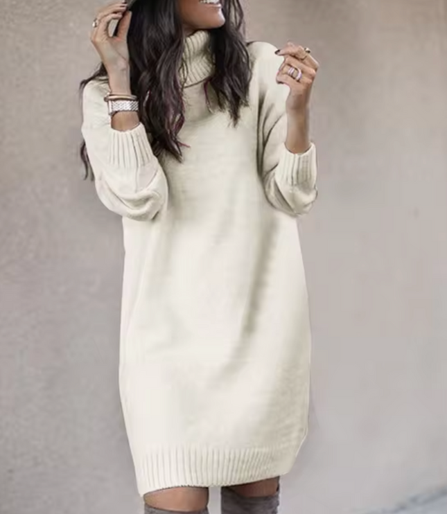 Women's Plain Knitted Roll Neck Jumper Dress