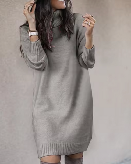 Women's Plain Knitted Roll Neck Jumper Dress