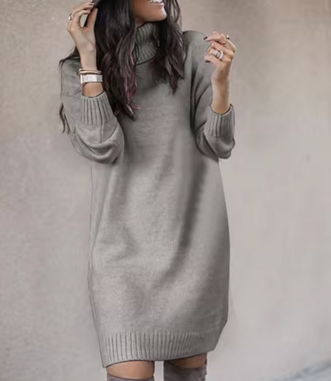 Women's Plain Knitted Roll Neck Jumper Dress