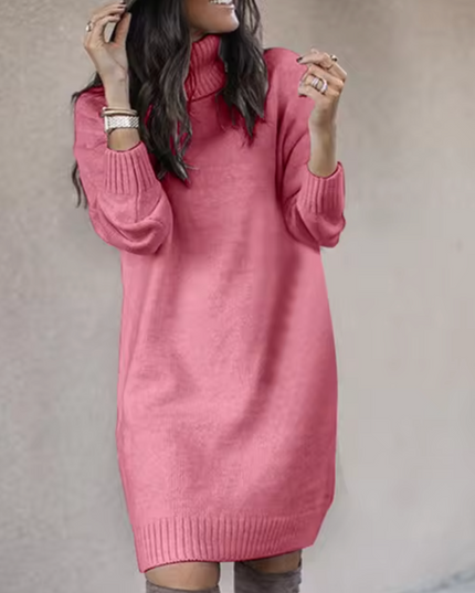 Women's Plain Knitted Roll Neck Jumper Dress