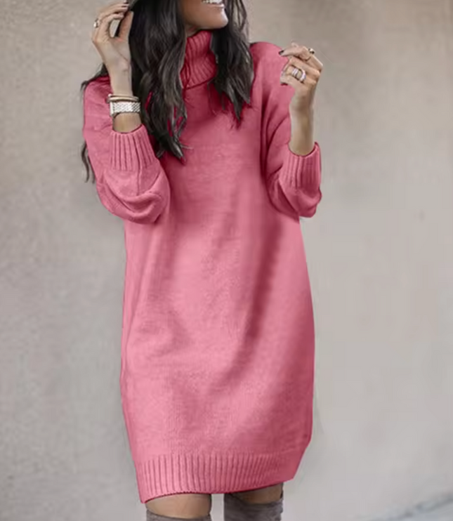 Women's Plain Knitted Roll Neck Jumper Dress