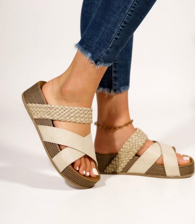 Beige woven braided strappy platform sandals with cream accents