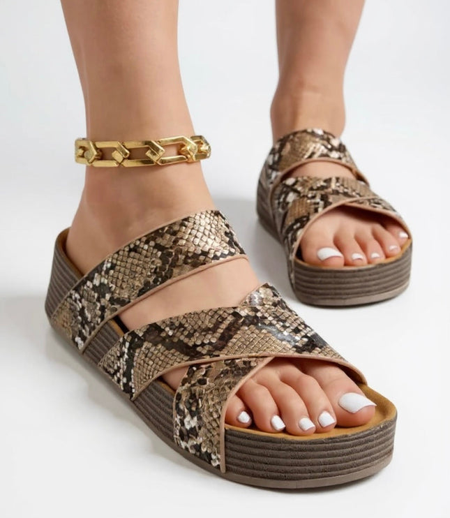 Gold snakeskin textured braided platform sandals with chain anklet