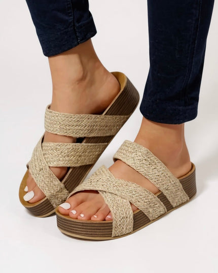 Natural woven braided strappy platform sandals with ridged sole