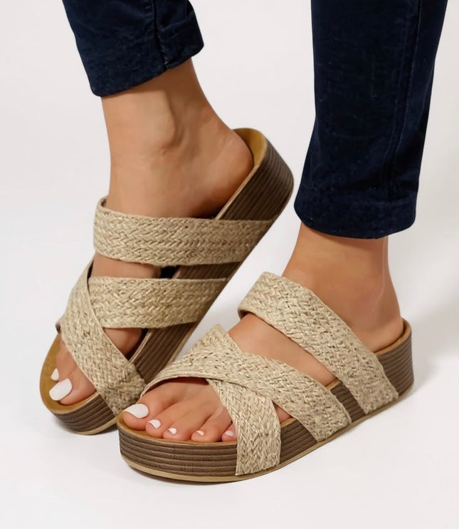 Natural woven braided strappy platform sandals with ridged sole