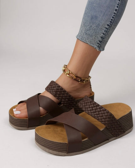 Brown woven braided strappy platform sandals with gold chain detail