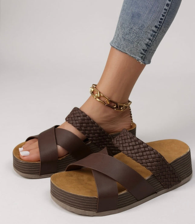 Brown woven braided strappy platform sandals with gold chain detail