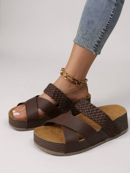 Brown woven braided strappy platform sandals with gold chain detail
