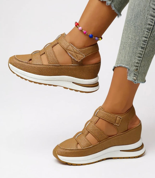 Tan textured platform sandals with adjustable buckle straps and white sole