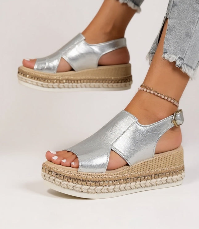 Silver metallic croc peep toe platform sandals with textured sole and ankle strap