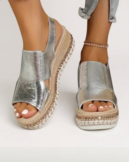 Silver metallic croc peep toe platform sandals, side profile showing chunky sole