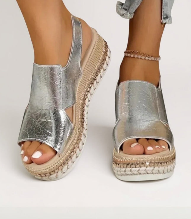 Silver metallic croc peep toe platform sandals, side profile showing chunky sole