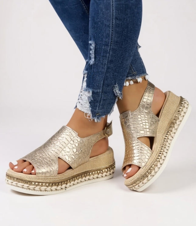 Metallic gold croc peep toe platform sandals with textured sole and ankle strap