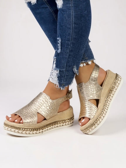 Metallic gold croc peep toe platform sandals with textured sole and ankle strap