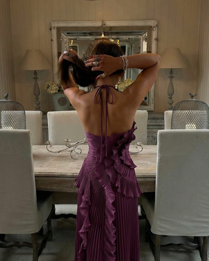 Women's Pleated Maxi Party Dress with Halter Neck and Ruffles