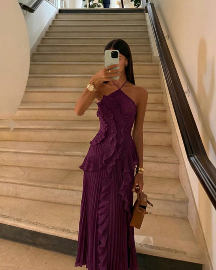 Women's Pleated Maxi Party Dress with Halter Neck and Ruffles