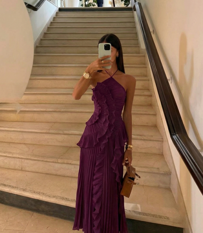 Women's Pleated Maxi Party Dress with Halter Neck and Ruffles