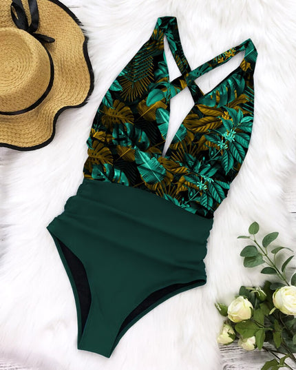 White halter one-piece swimsuit with gray striped ruched high-waisted bottom