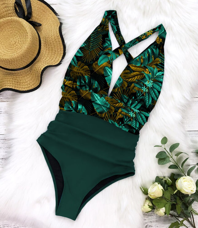White halter one-piece swimsuit with gray striped ruched high-waisted bottom