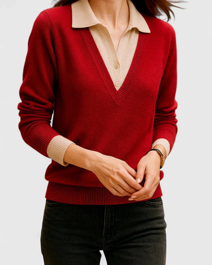 Women's V-Neck Polo Collar Knit Pullover Sweater