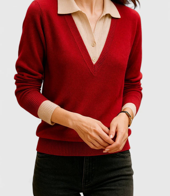 Women's V-Neck Polo Collar Knit Pullover Sweater