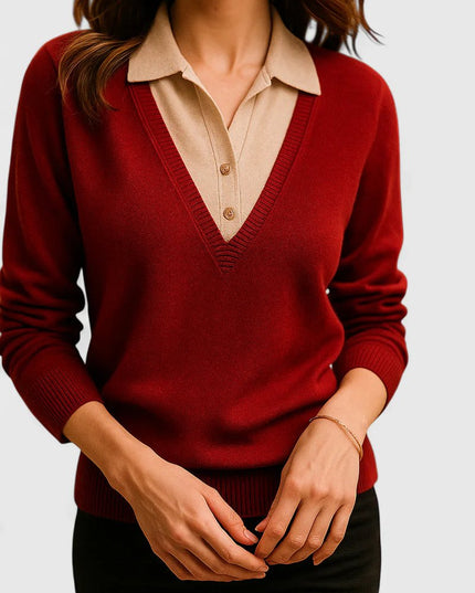 Women's V-Neck Polo Collar Knit Pullover Sweater