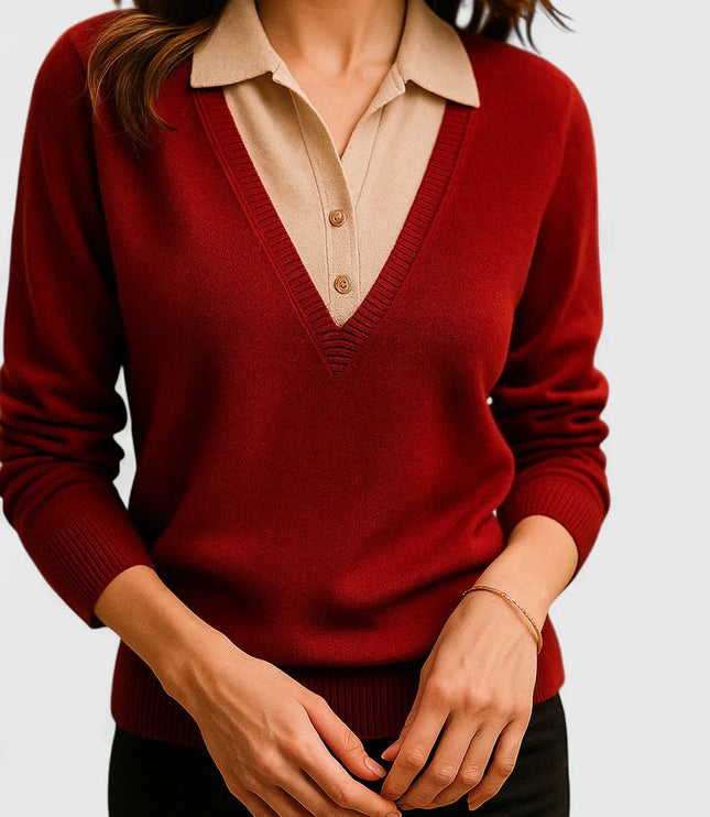 Women's V-Neck Polo Collar Knit Pullover Sweater