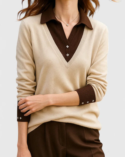 Women's V-Neck Polo Collar Knit Pullover Sweater