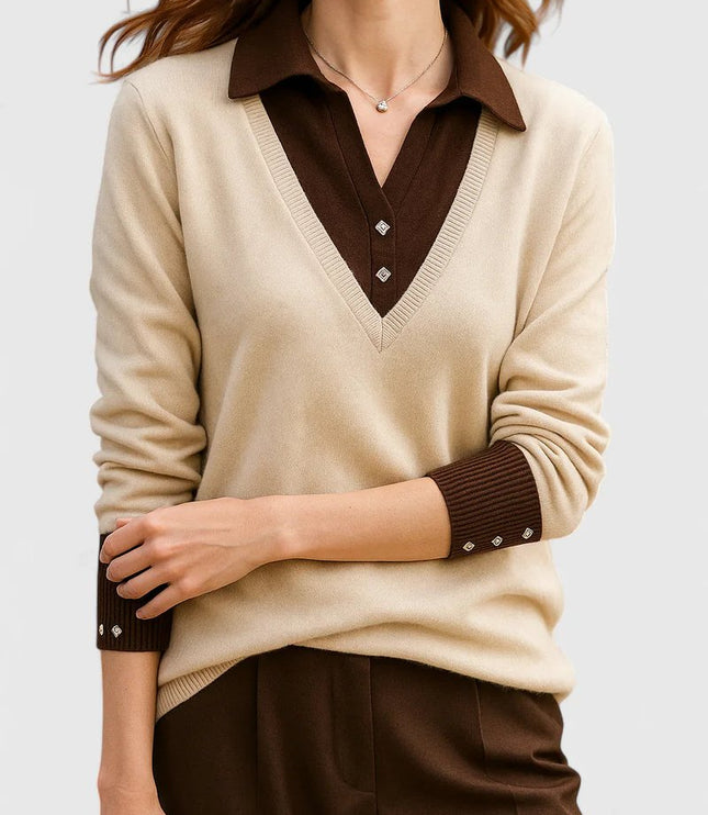 Women's V-Neck Polo Collar Knit Pullover Sweater