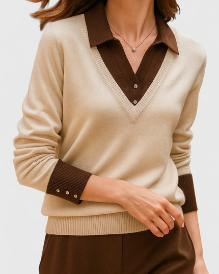 Women's V-Neck Polo Collar Knit Pullover Sweater