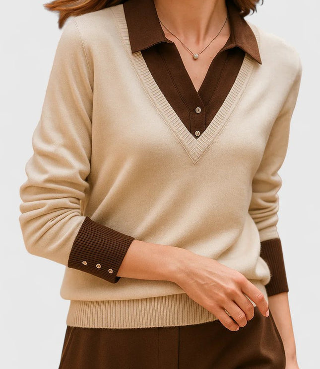Women's V-Neck Polo Collar Knit Pullover Sweater