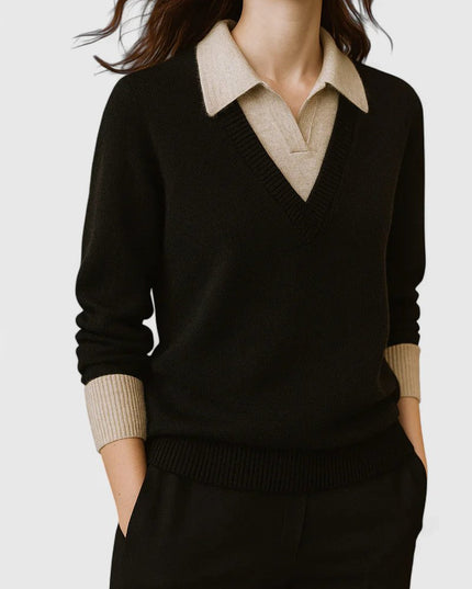 Women's V-Neck Polo Collar Knit Pullover Sweater
