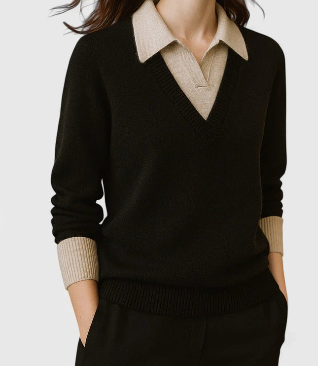 Women's V-Neck Polo Collar Knit Pullover Sweater