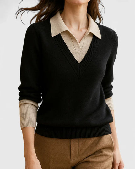 Women's V-Neck Polo Collar Knit Pullover Sweater