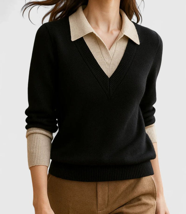 Women's V-Neck Polo Collar Knit Pullover Sweater