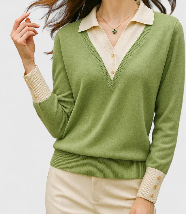 Women's V-Neck Polo Collar Knit Pullover Sweater