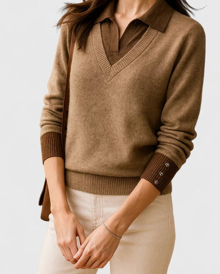 Women's V-Neck Polo Collar Knit Pullover Sweater