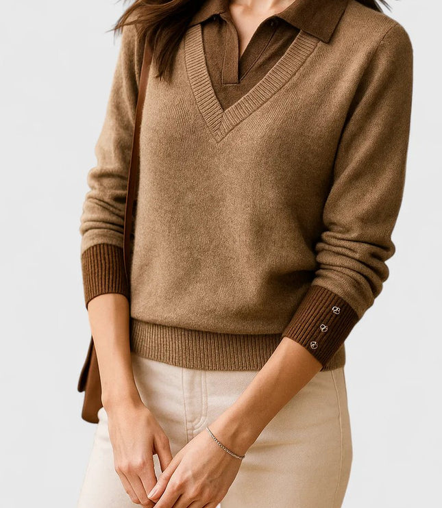 Women's V-Neck Polo Collar Knit Pullover Sweater